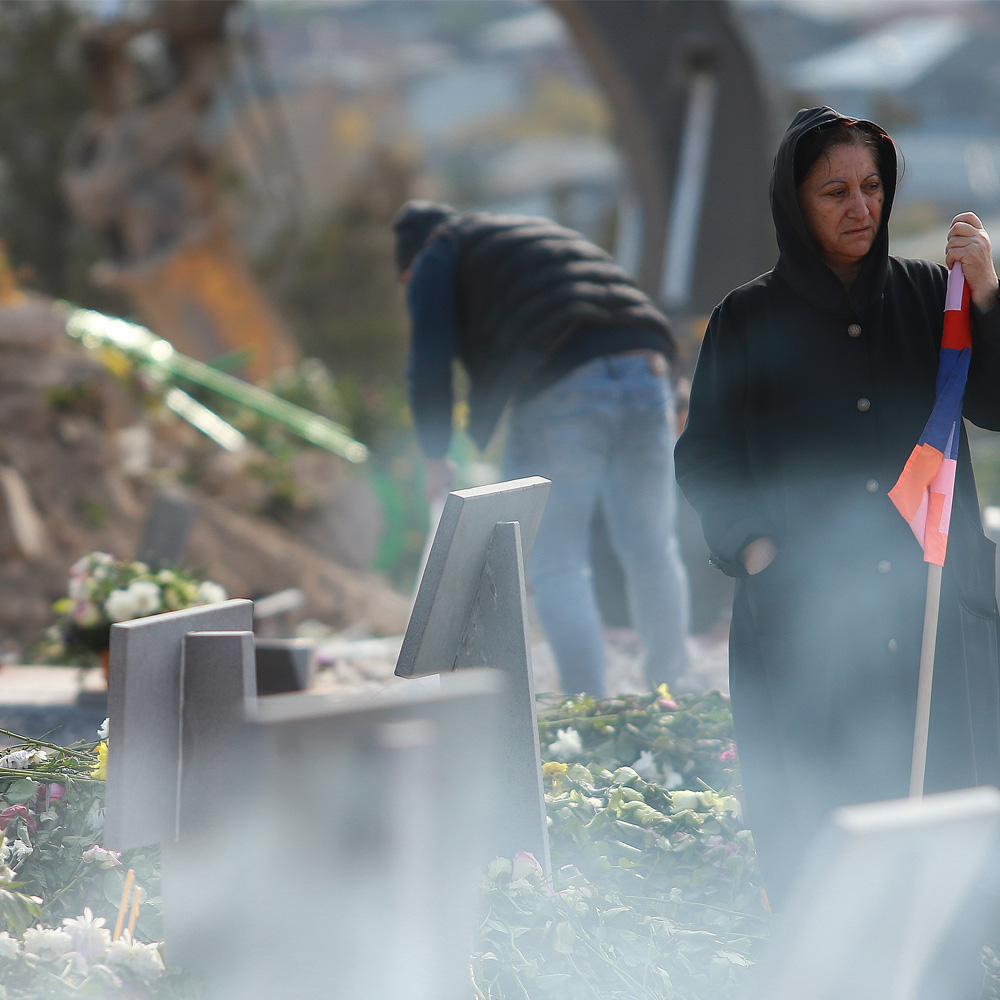 Yerevan, Armenia - 22 Novermber 2020: The war in Artsakh (Nagorno Karabakh) is over. the burials of the fallen soldiers in Yerablur Military Memorial Cemetery in Yerevan Armenia.