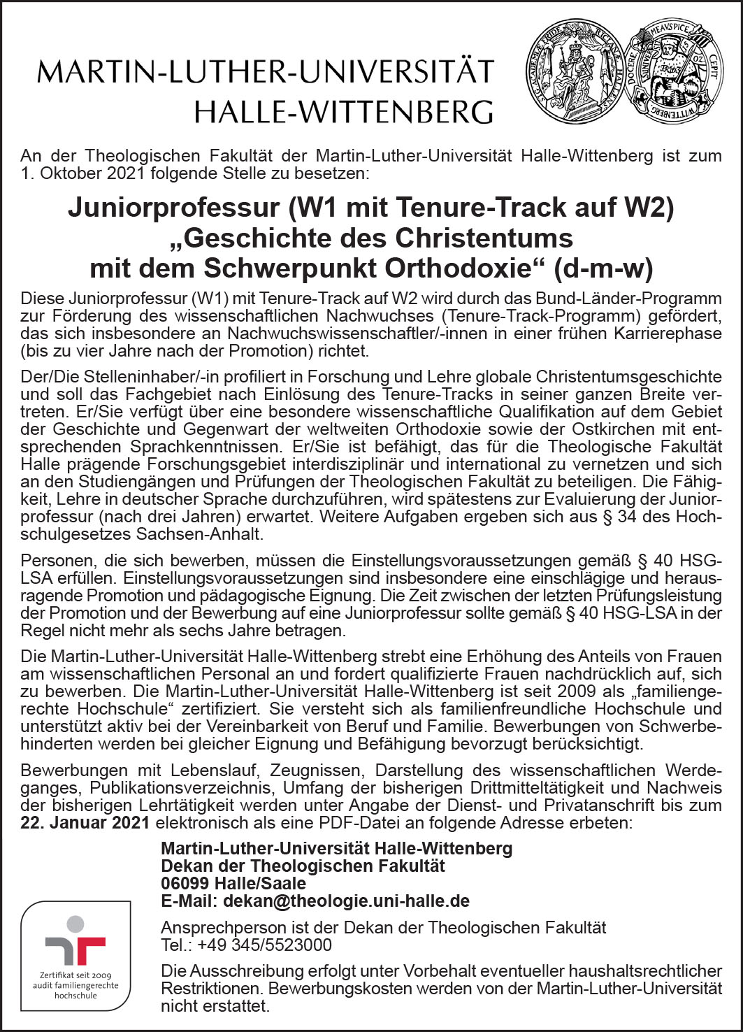 Juniorprofessur W1 mit Tenure Track auf W2 Geschichte des Christentums mit dem Schwerpunkt Orthodoxie