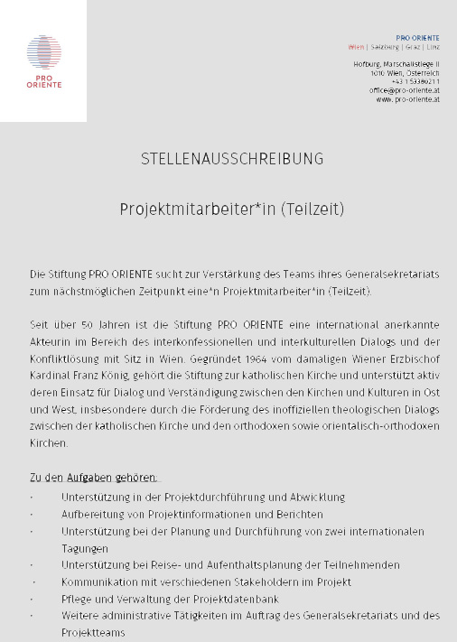 Stellenausschreibung Projektmitarbeiter Pro Oriente
