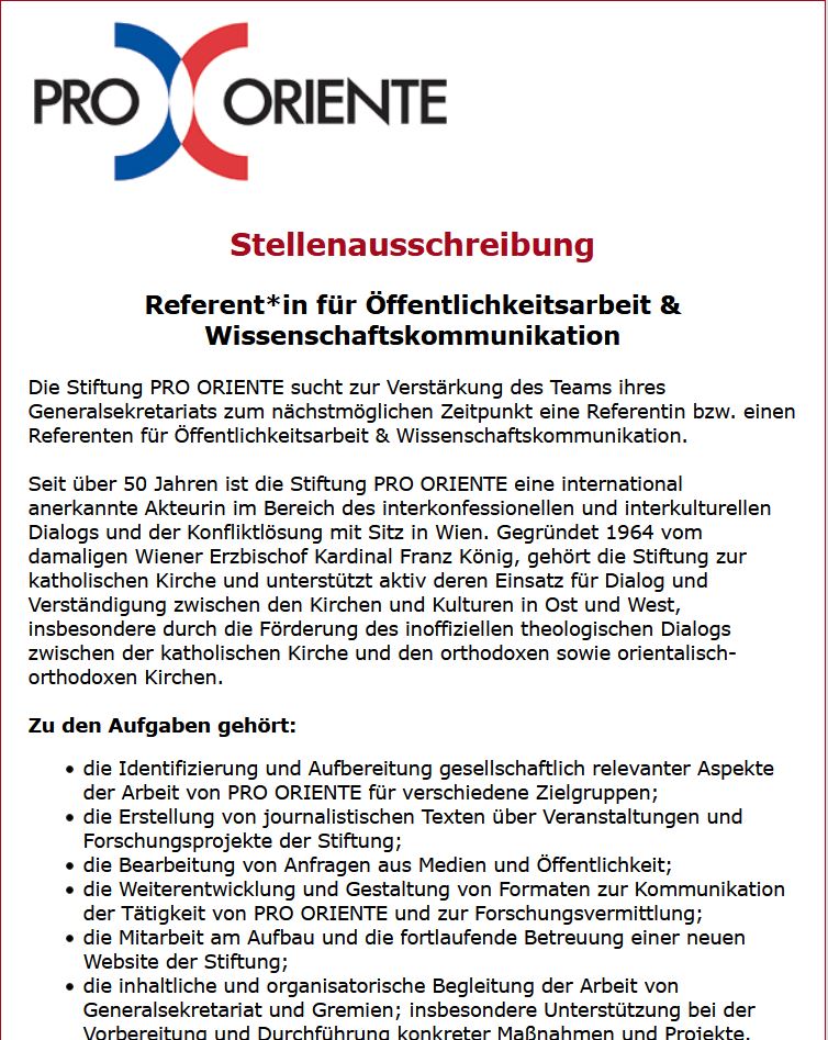 stellenausschreibung pro oriente