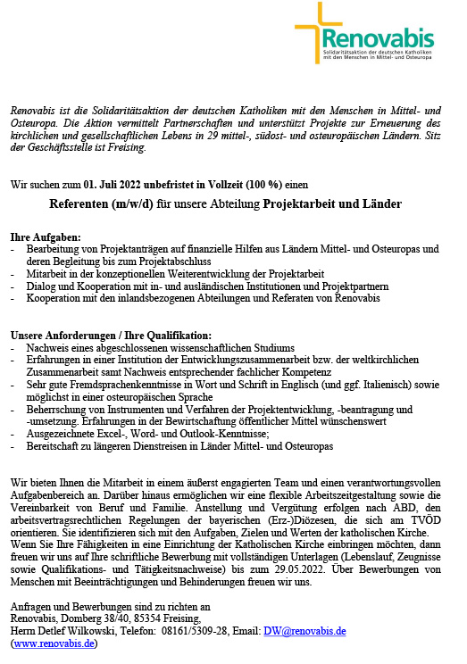 stellenausschreibung renovabis referntin projektarbeit