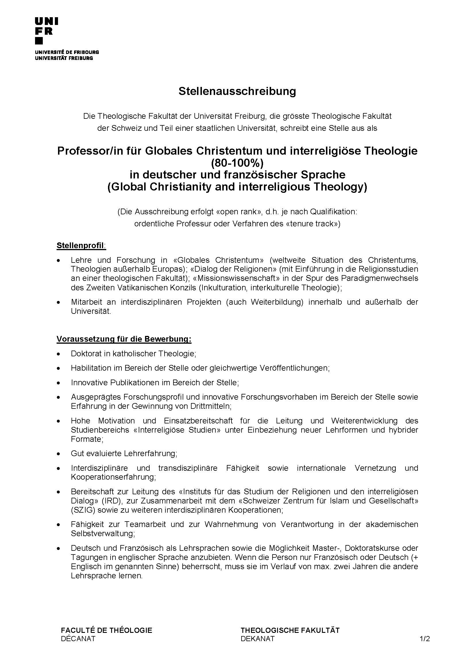 Stellenausschreibung Globales Christentum UniFR Seite 1