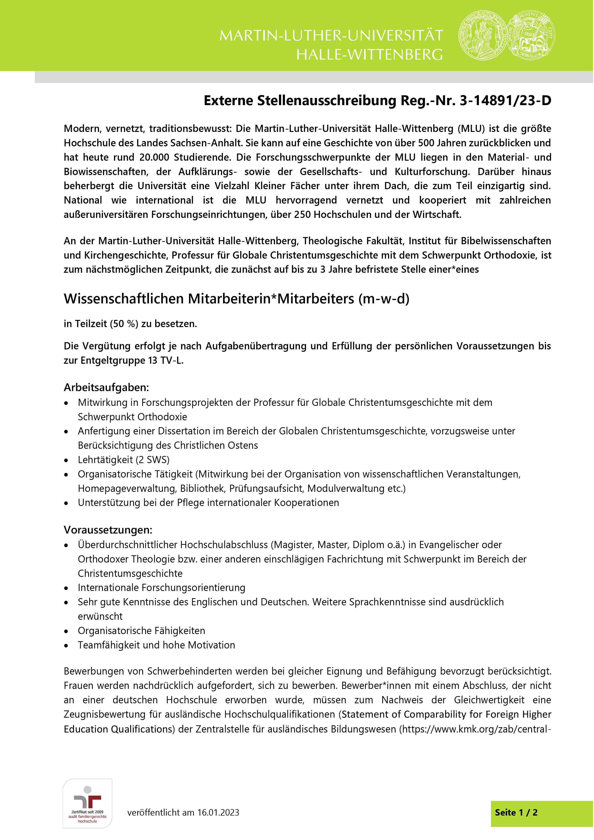stellenausschreibung globale christentumsgeschichte universität halle